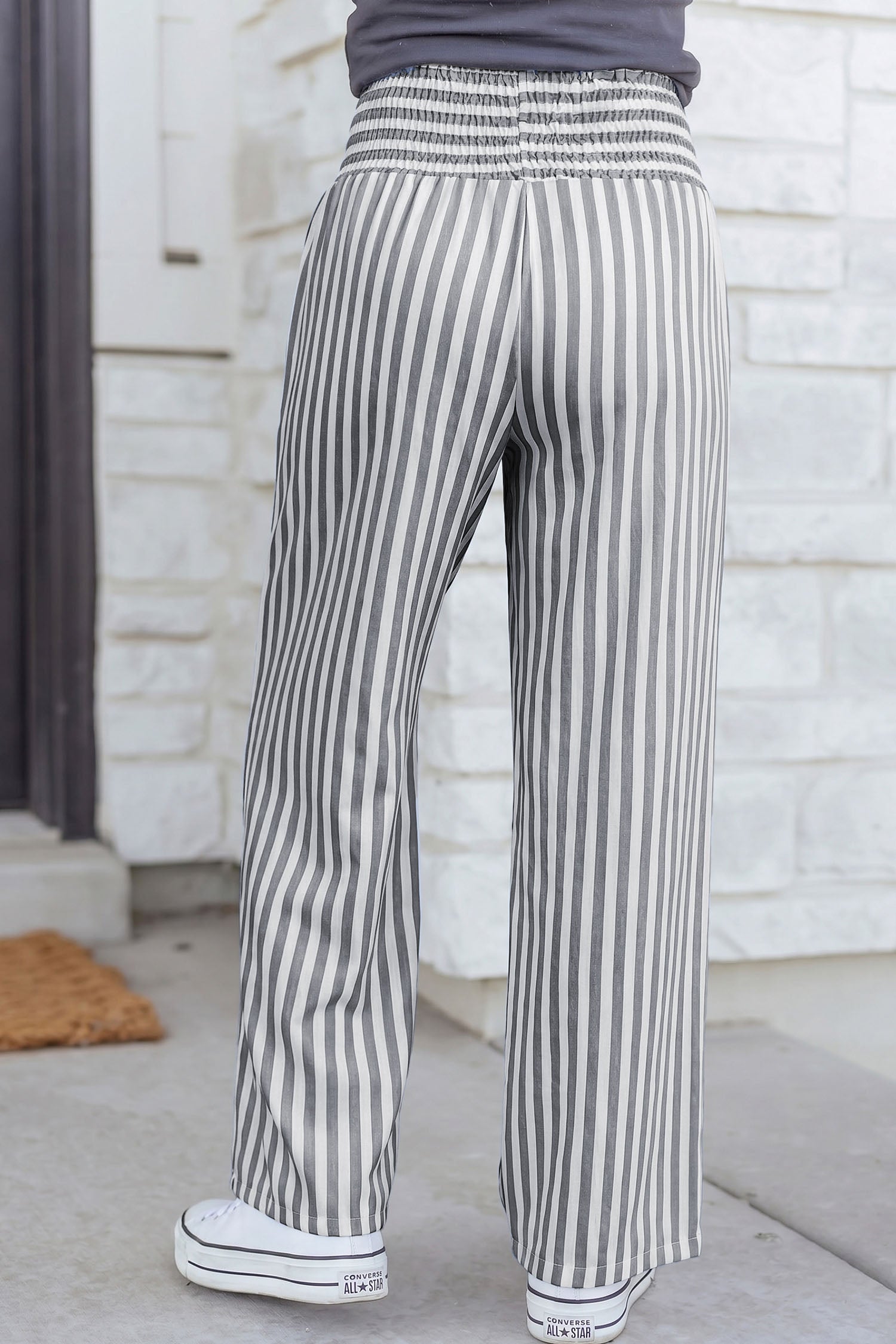 Shirred High Waist Loose Summer Pants – Sky Blue Stripe