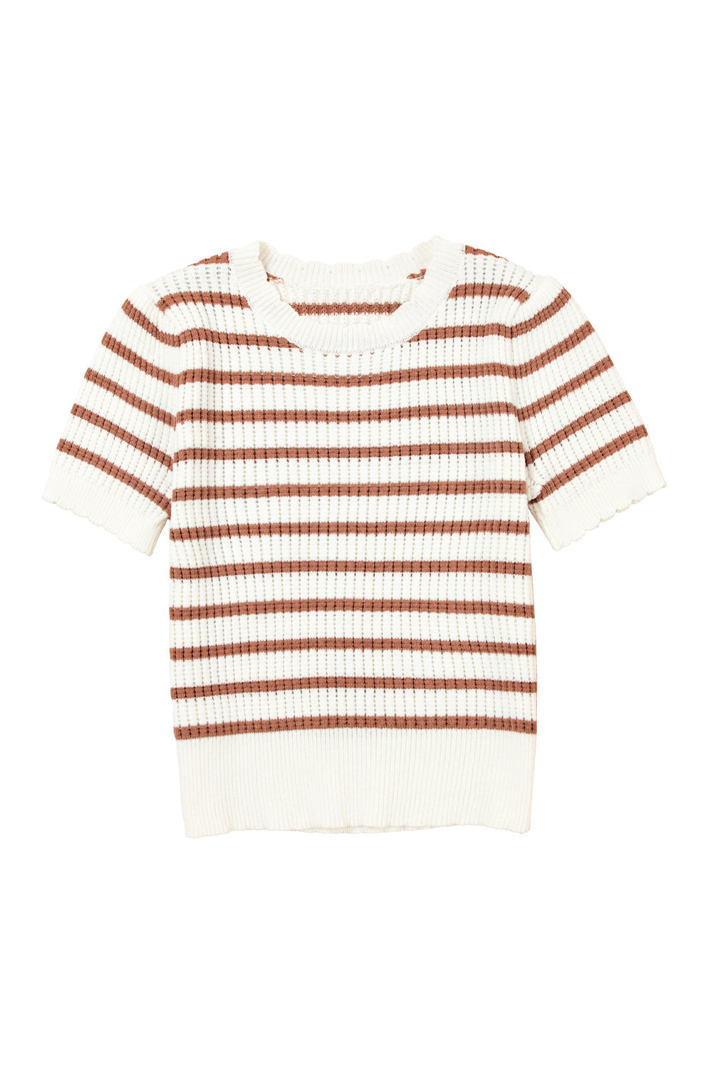 Khaki Stripe Scalloped Round Neck Short Sleeve Sweater eAura