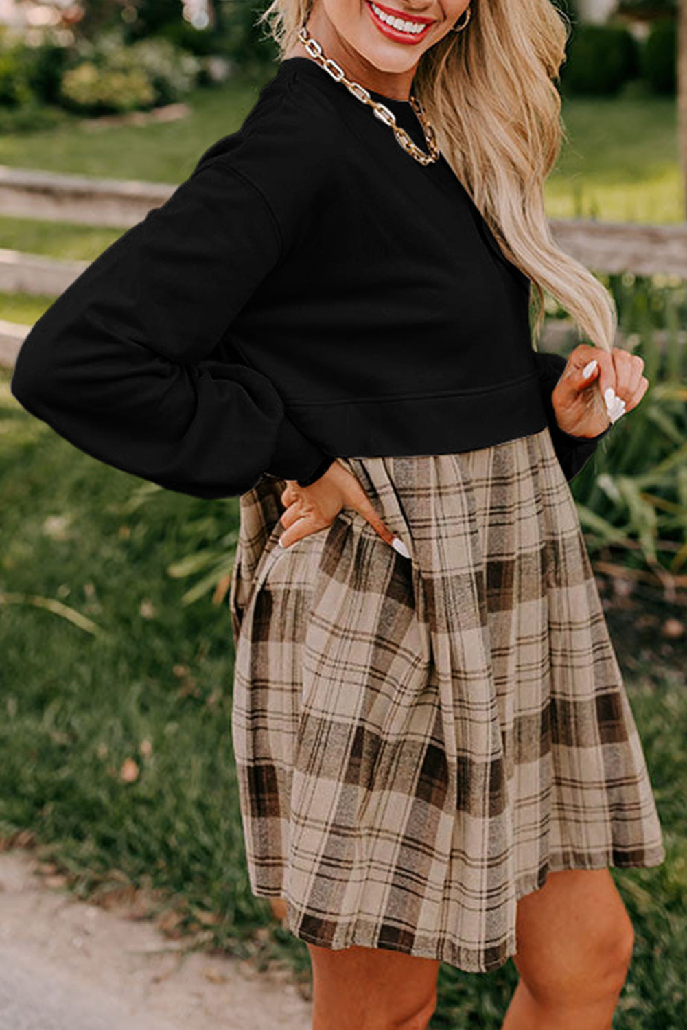 Black Plaid Patchwork High Waist Sweatshirt Mini Dress eAura