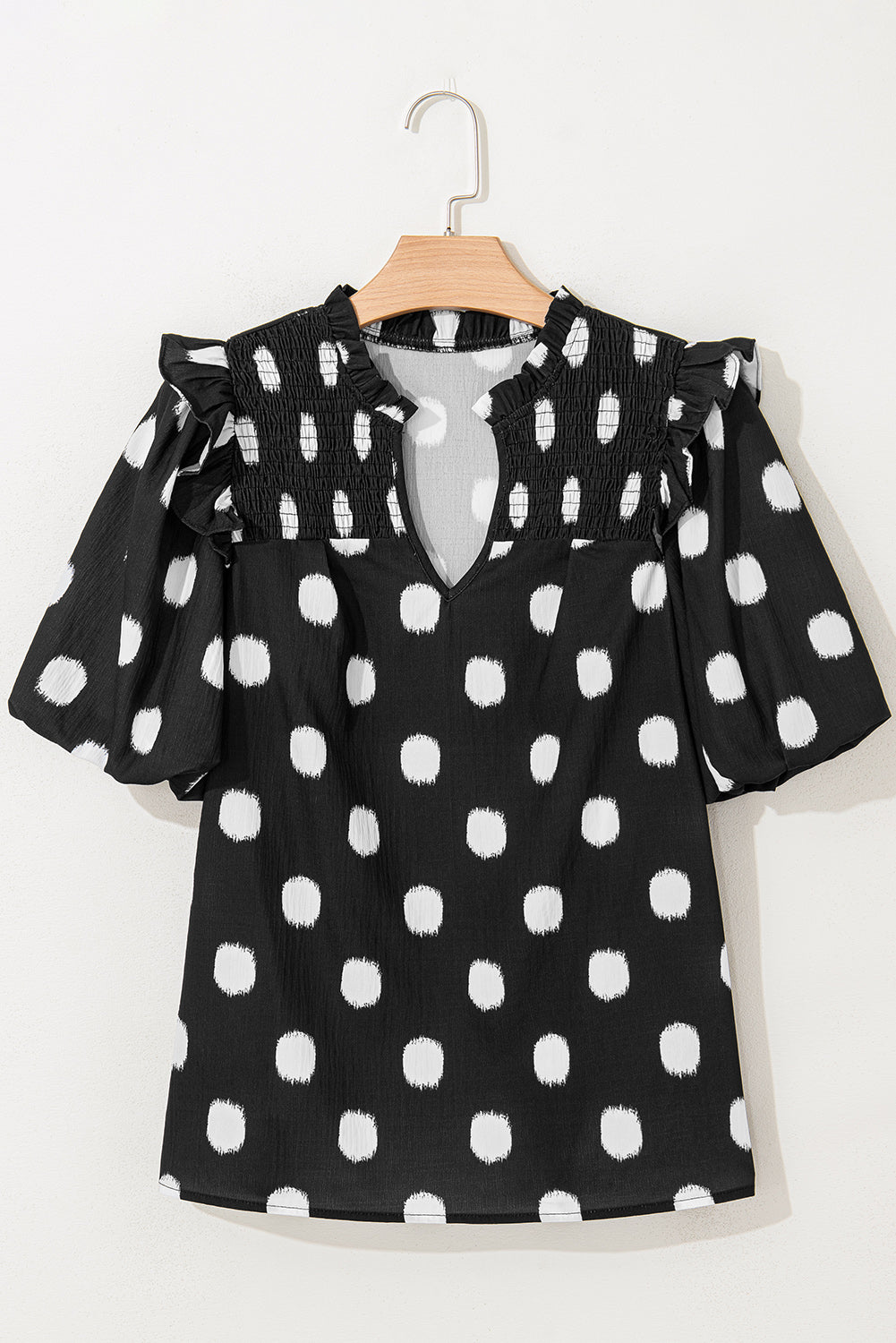 Black Polka Dot Print Shirred Yoke Notched Neck Balloon Sleeve Blouse eAura
