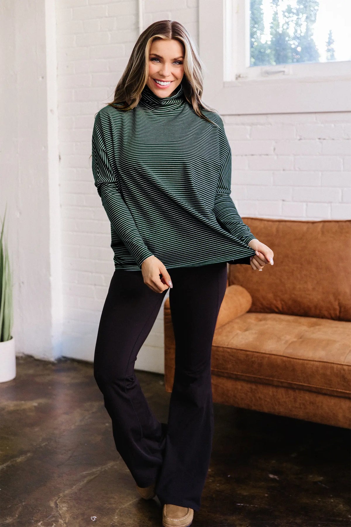 High Neck Dropped Shoulder Long Sleeve Casual Top – Green Stripe
