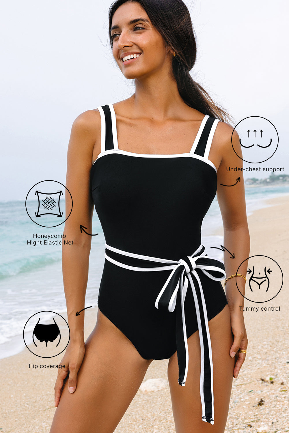 Black Colourblock Edge Belted One Piece Swimsuit eAura