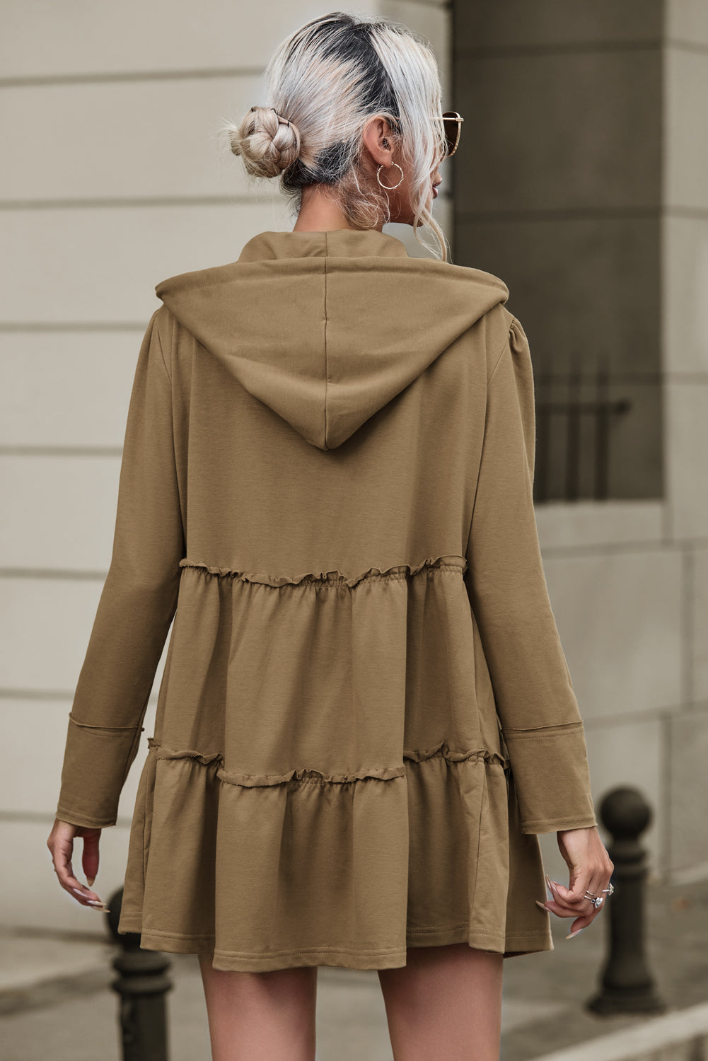 Khaki Tiered Ruffled Zip-Up Drawstring Hooded Jacket eAura