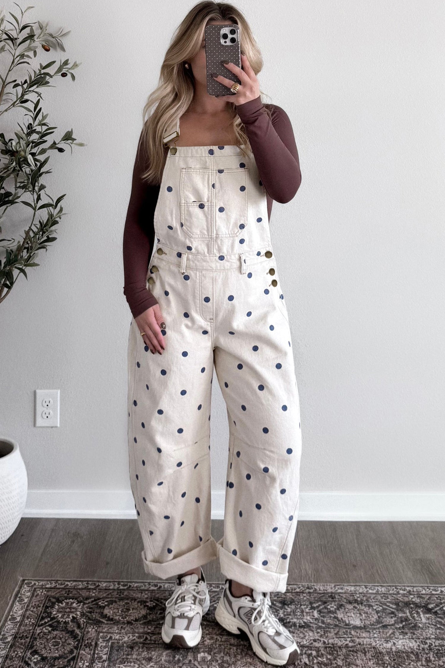 Polka Dot Print Bib Pocket Denim Barrel Overalls