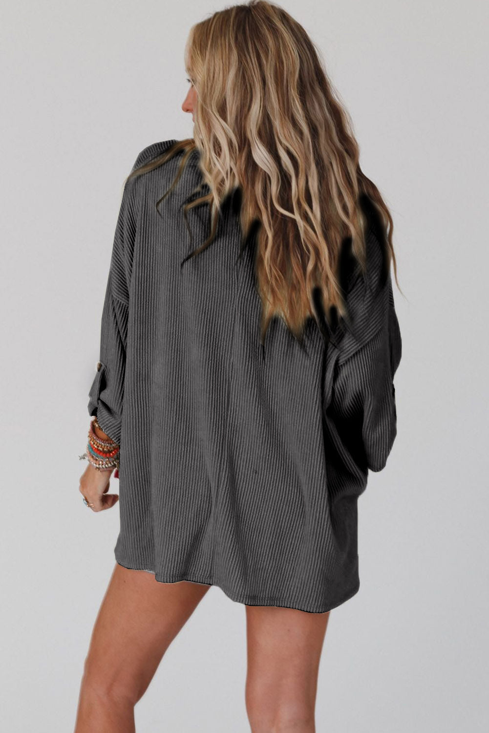 Grey Ribbed Roll-tab Sleeve Chest Pocket Oversize Top eAura