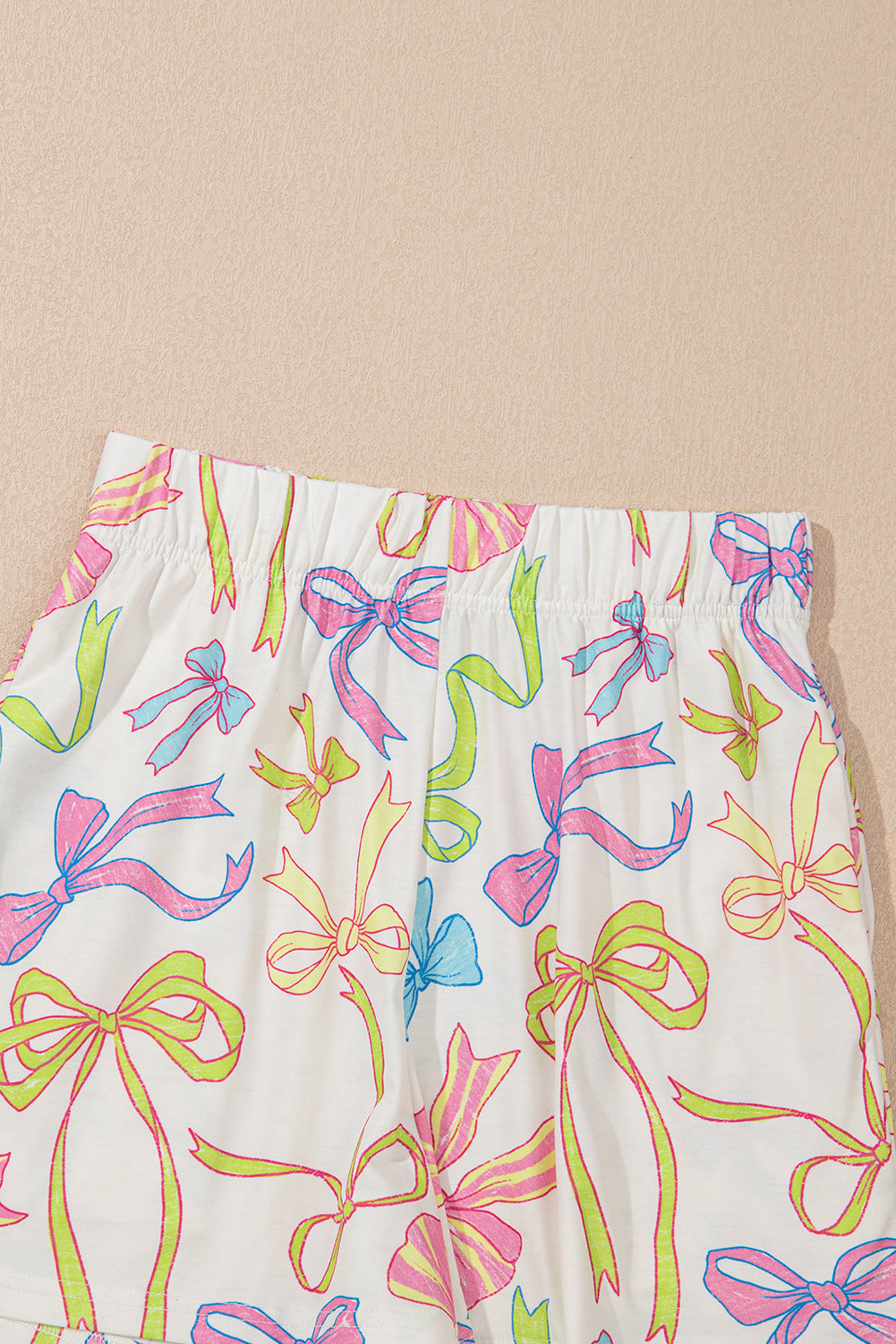White Bow Print Elastic Pull On Casual Shorts eAura