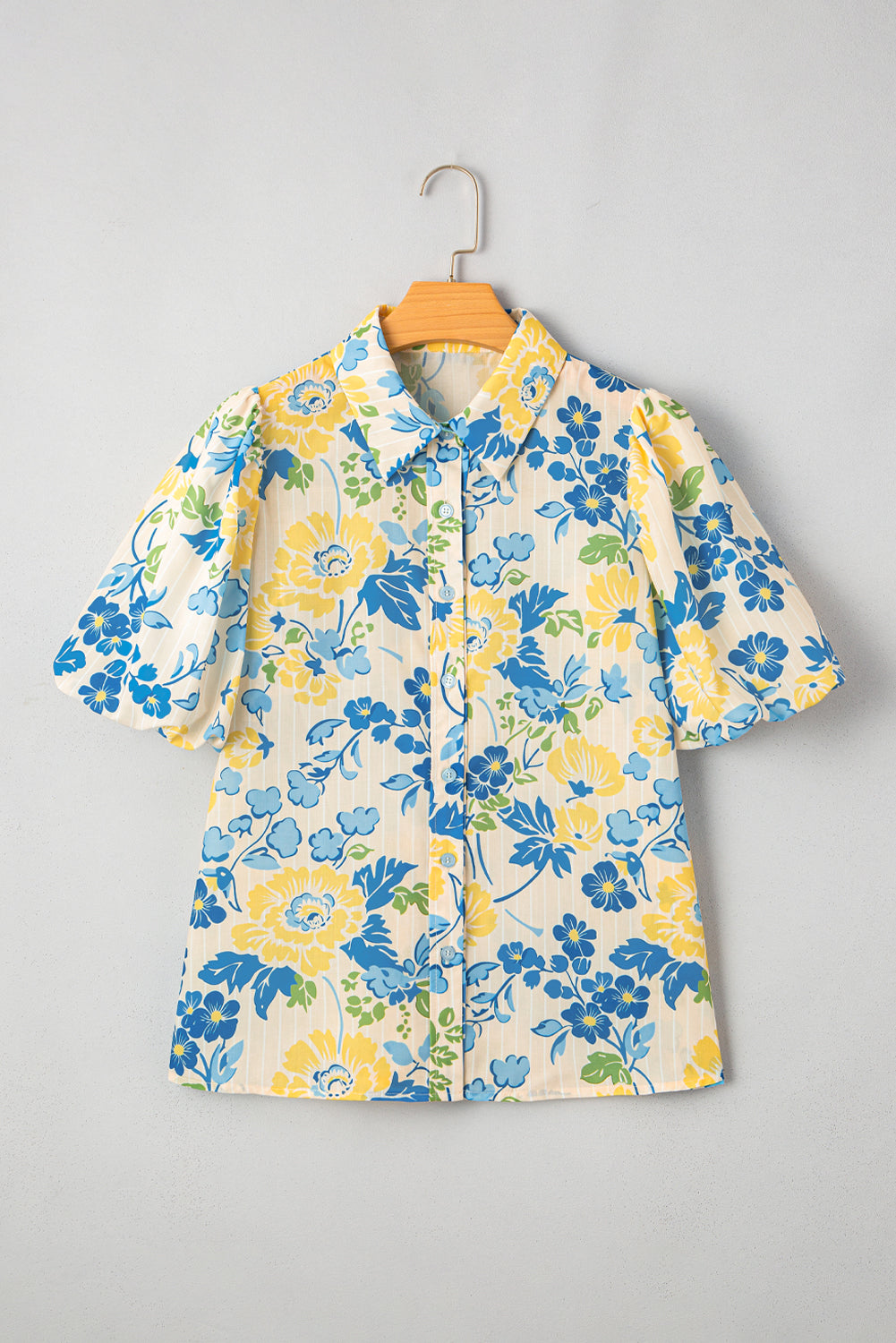 Blue Floral Striped Mixed Print Puff Short Sleeve Blouse eAura