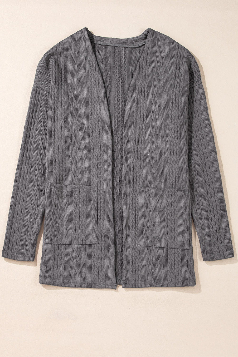 Medium Grey  Solid Textured Open Front Cardigan with Pocket Beagle Boutique Fashion Outlet