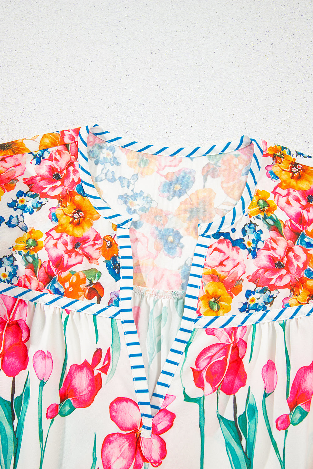 Pink Floral Print Striped Detail Split Neck Short Sleeve Blouse eAura