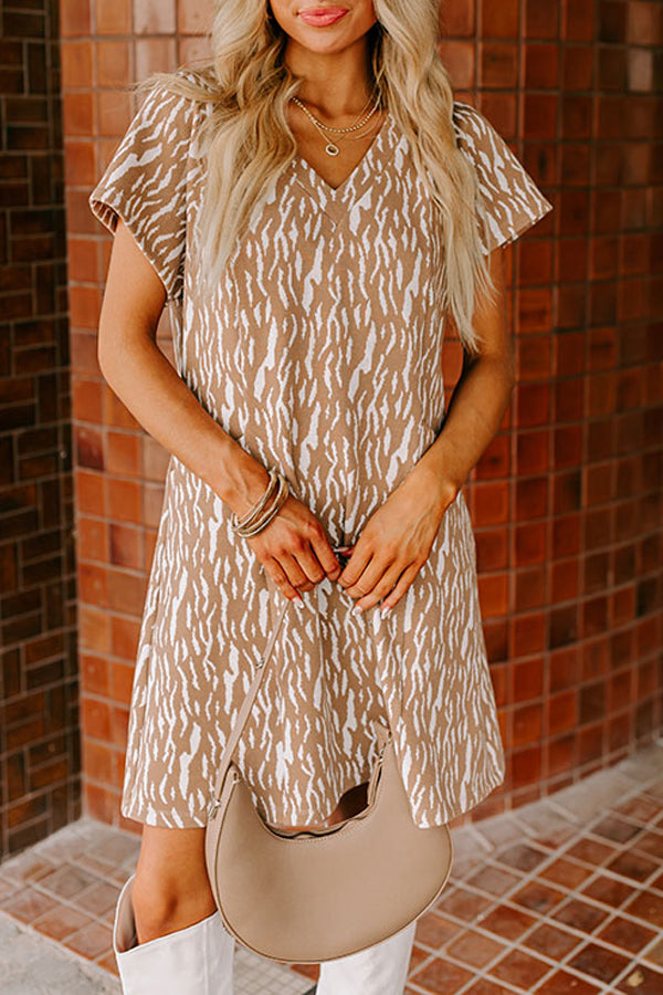 Khaki Abstract Print V Neck Short Sleeve Shift T Shirt Dress eAura