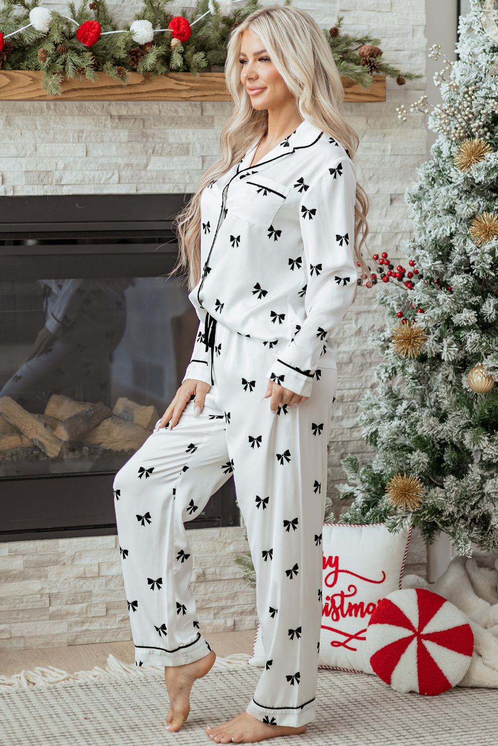 White Bows Print Two Piece Pyjama Set - eAura