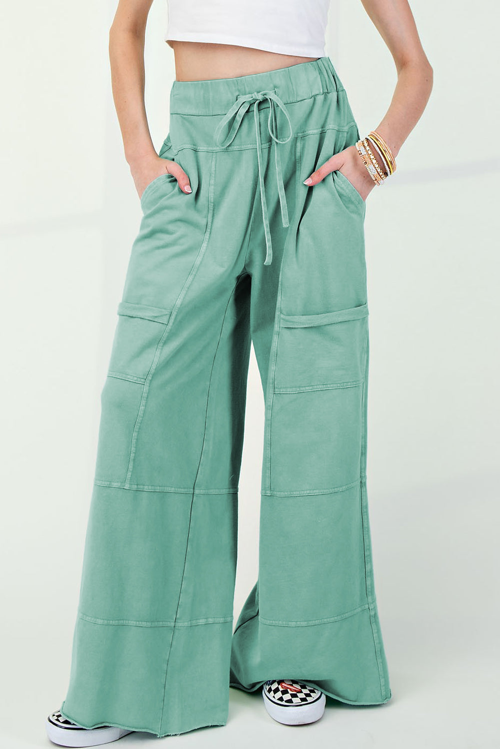 Mineral Wash Exposed Seam Drawstring High Waist Wide Leg Cargo Trousers eAura