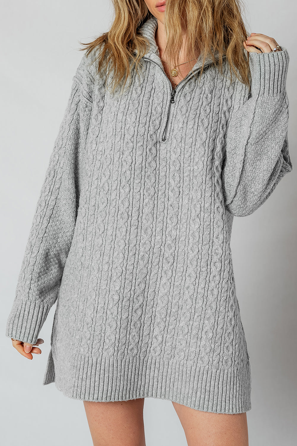 Cable Knit Quarter Zip Ribbed Trim Loose Sweater Dress eAura