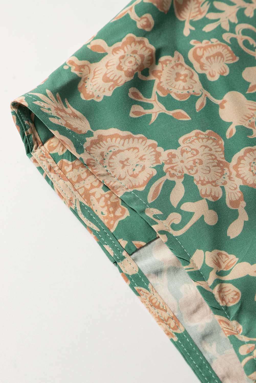 Green Floral Print Pleated Buttoned V Neck Short Sleeve Blouse eAura