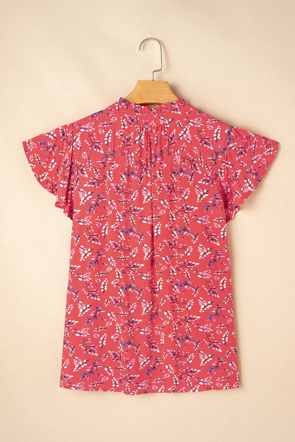 Red Floral Tie Split Neck Short Flounce Sleeve Crinkled Blouse eAura