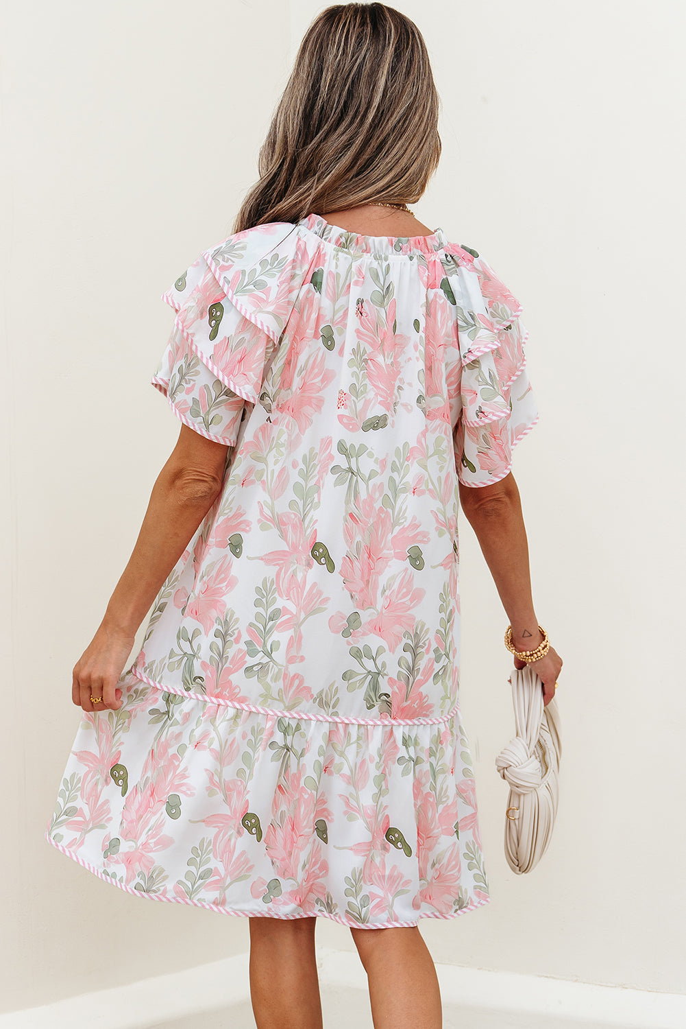 Floral Contrast Edge Layered Short Sleeve Mini Dress eAura