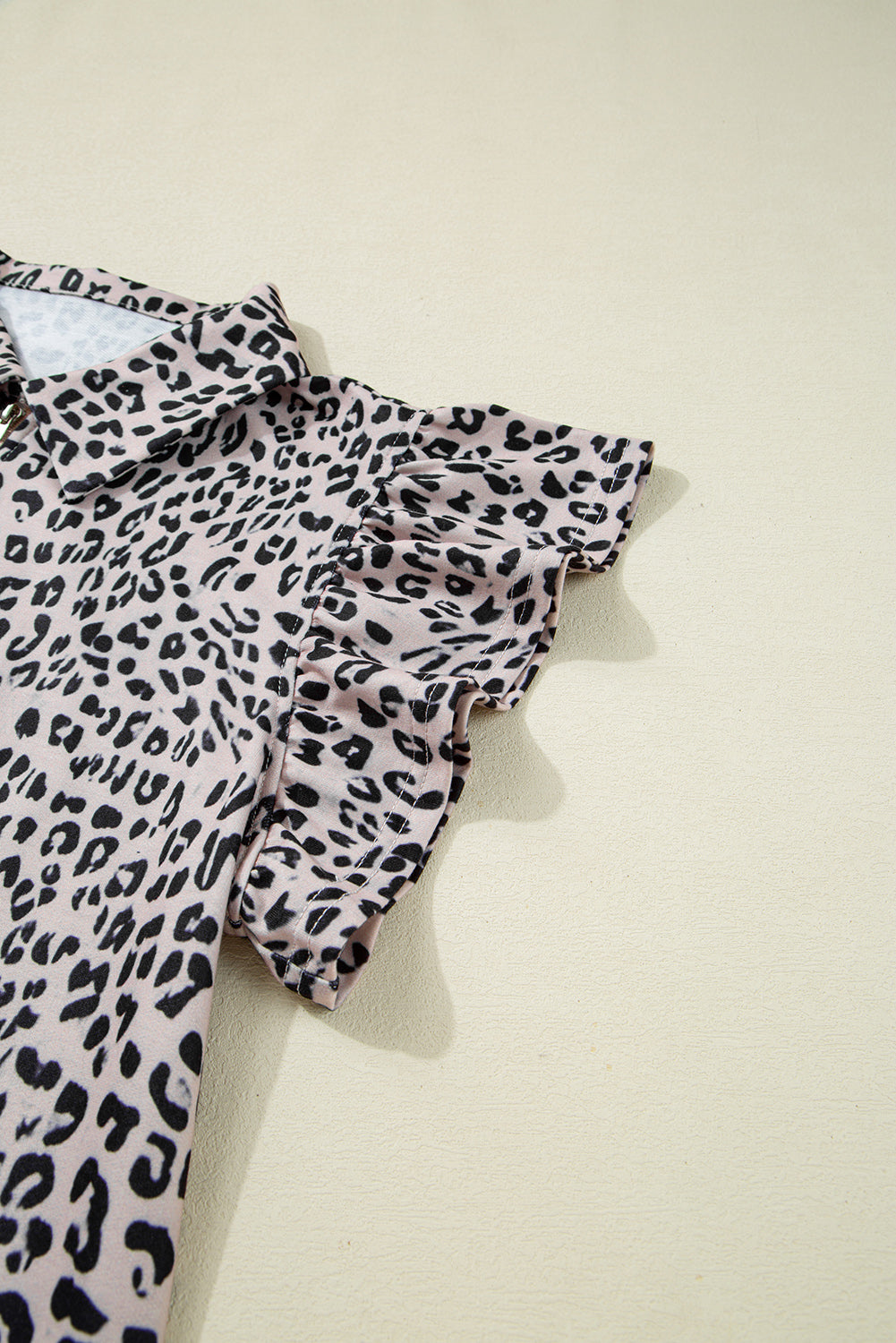 Brown Leopard Half Zipper Collared Ruffled Sleeve Top and Short Set eAura