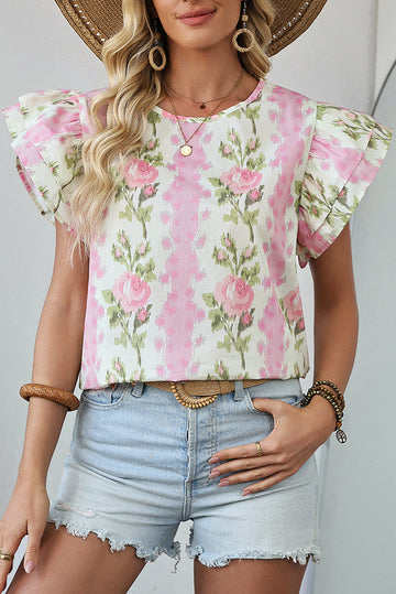 Pink Floral Print Ruffled Sleeve Summer Top eAura