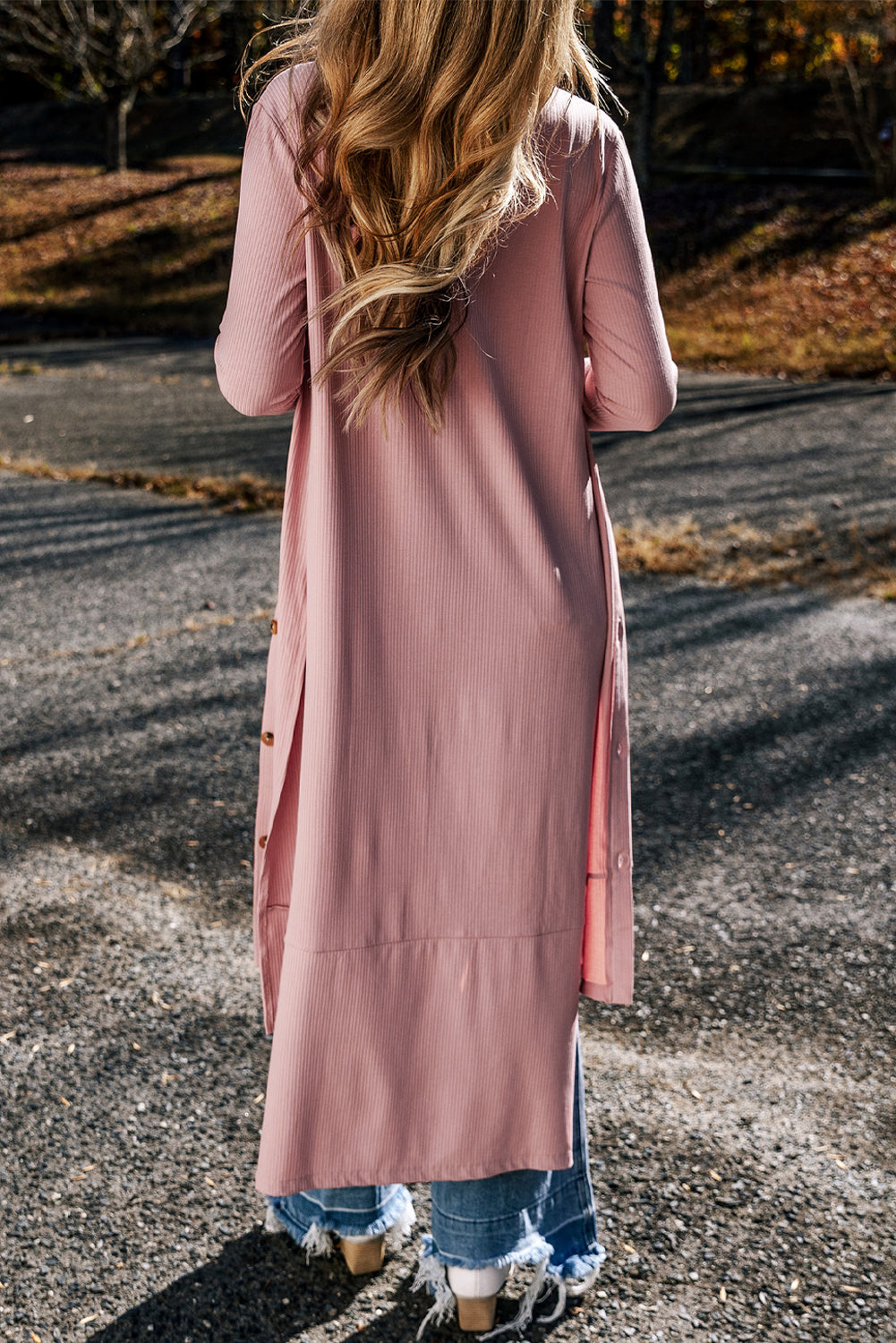 Light French Beige Ribbed Button-Up Split Duster Cardigan eAura