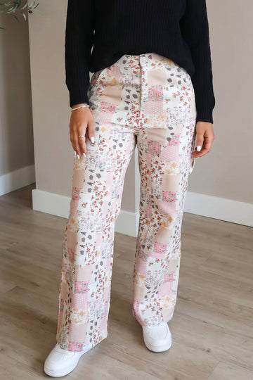 Floral Patchwork Wide Leg Full Length Jeans – Pink