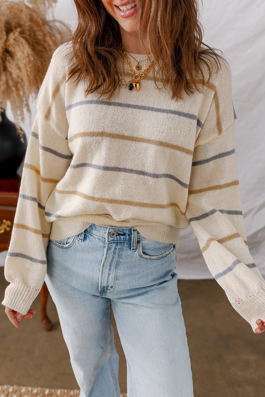 Striped Ribbed Edge Drop Shoulder Sweater eAura