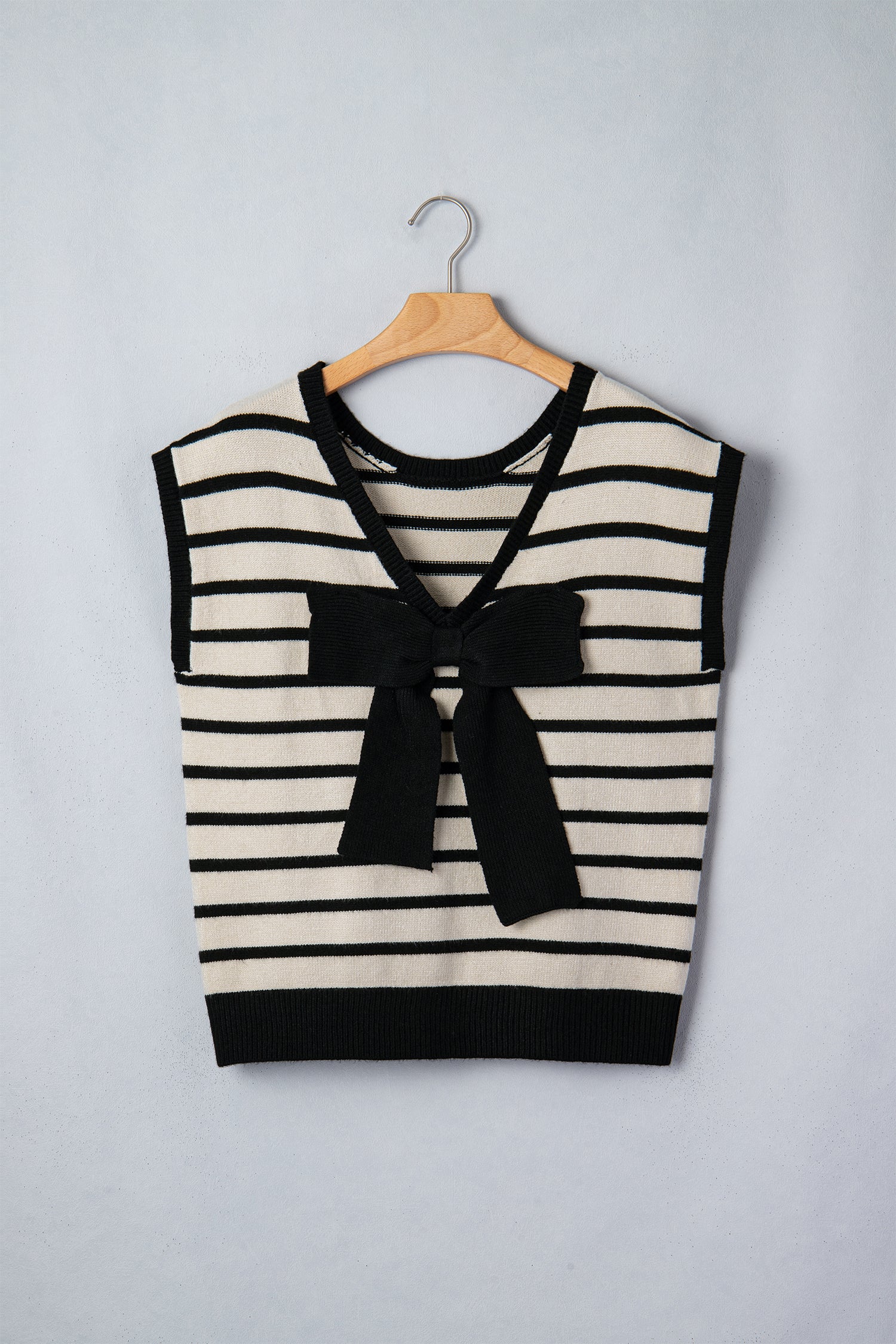 Stripe Bow Appliqué Short Sleeve Sweater