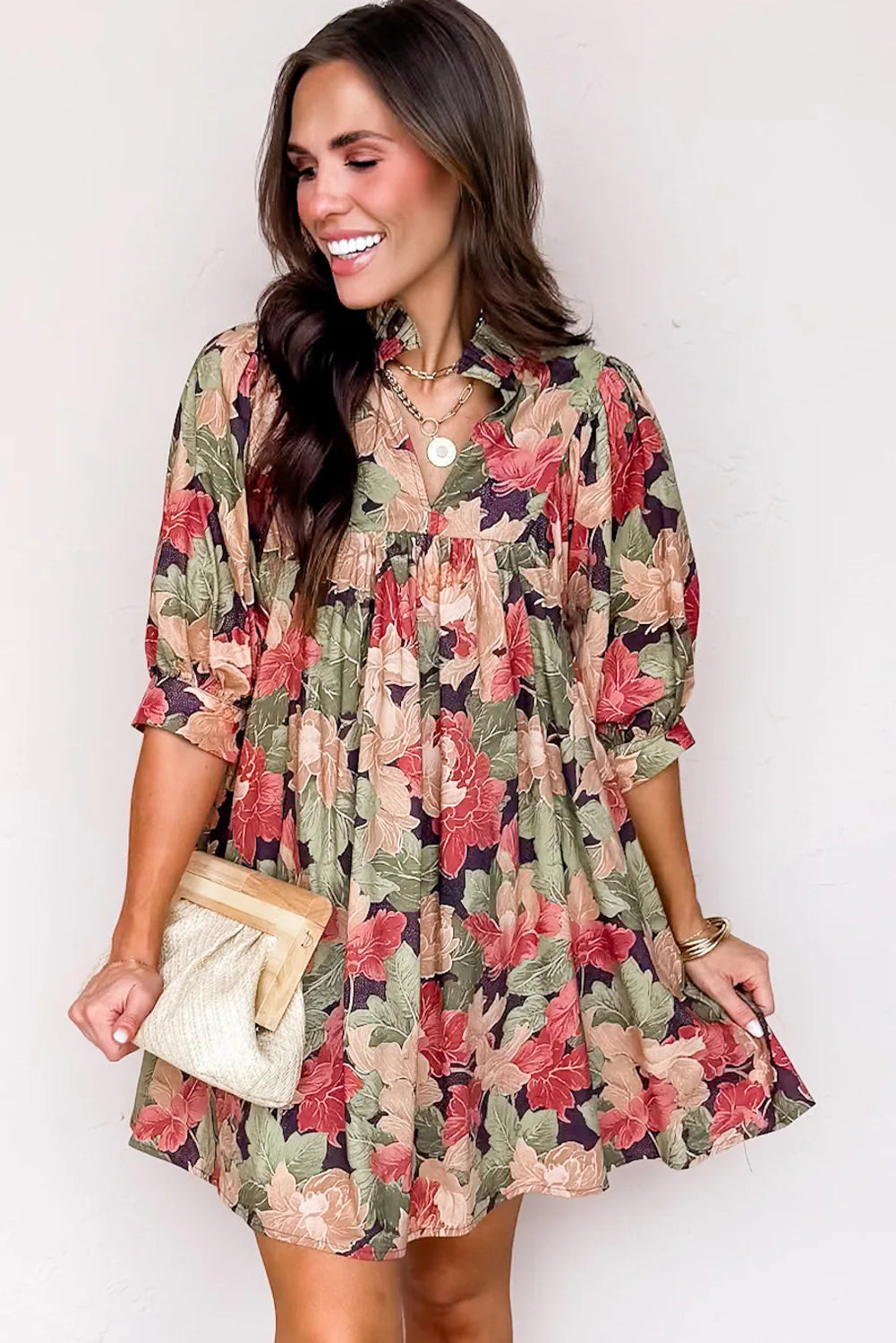 Floral Print Frilled Collar V-Neck Half Sleeve Mini Dress - eAura