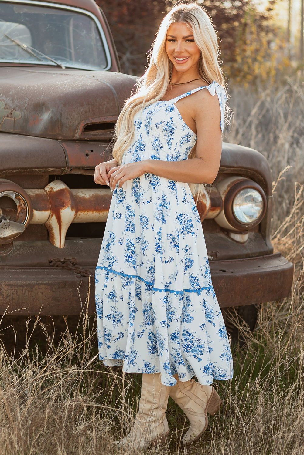 Sky Blue Floral Print Shirred Knot Shoulder Sleeveless Long Dress eAura