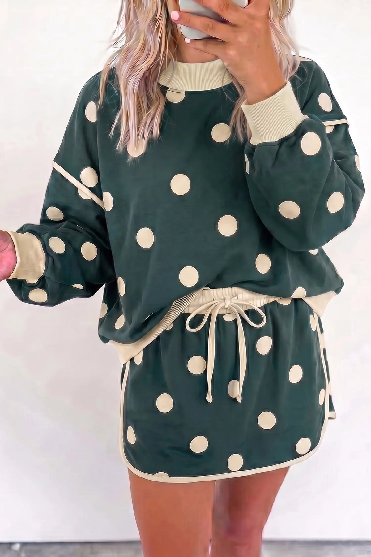 Polka Dot Print Colour Block Trim Baggy Pullover Drawstring Skirt 2pcs Set – Green