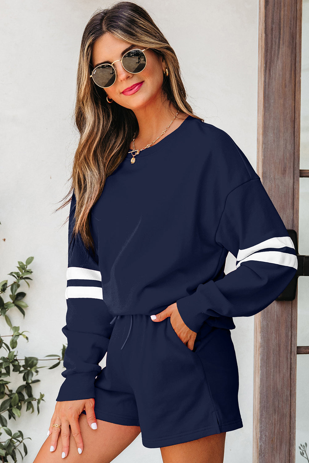 Varsity Striped Sleeve Drop Shoulder Sweatshirt and Shorts Co-ord Set eAura