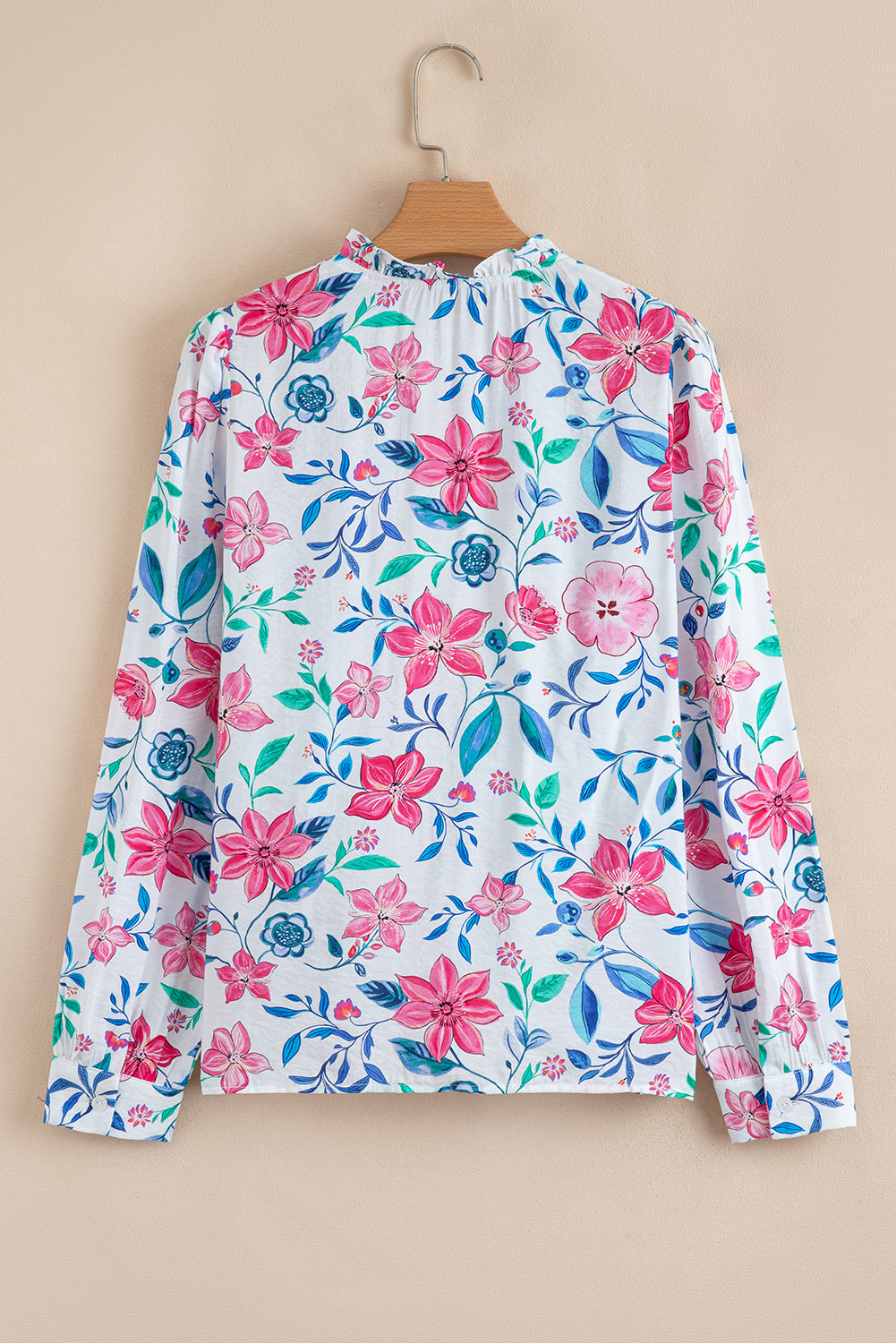 Pink Floral Print Lace Detail Button-up Long Sleeve Shirt - eAura