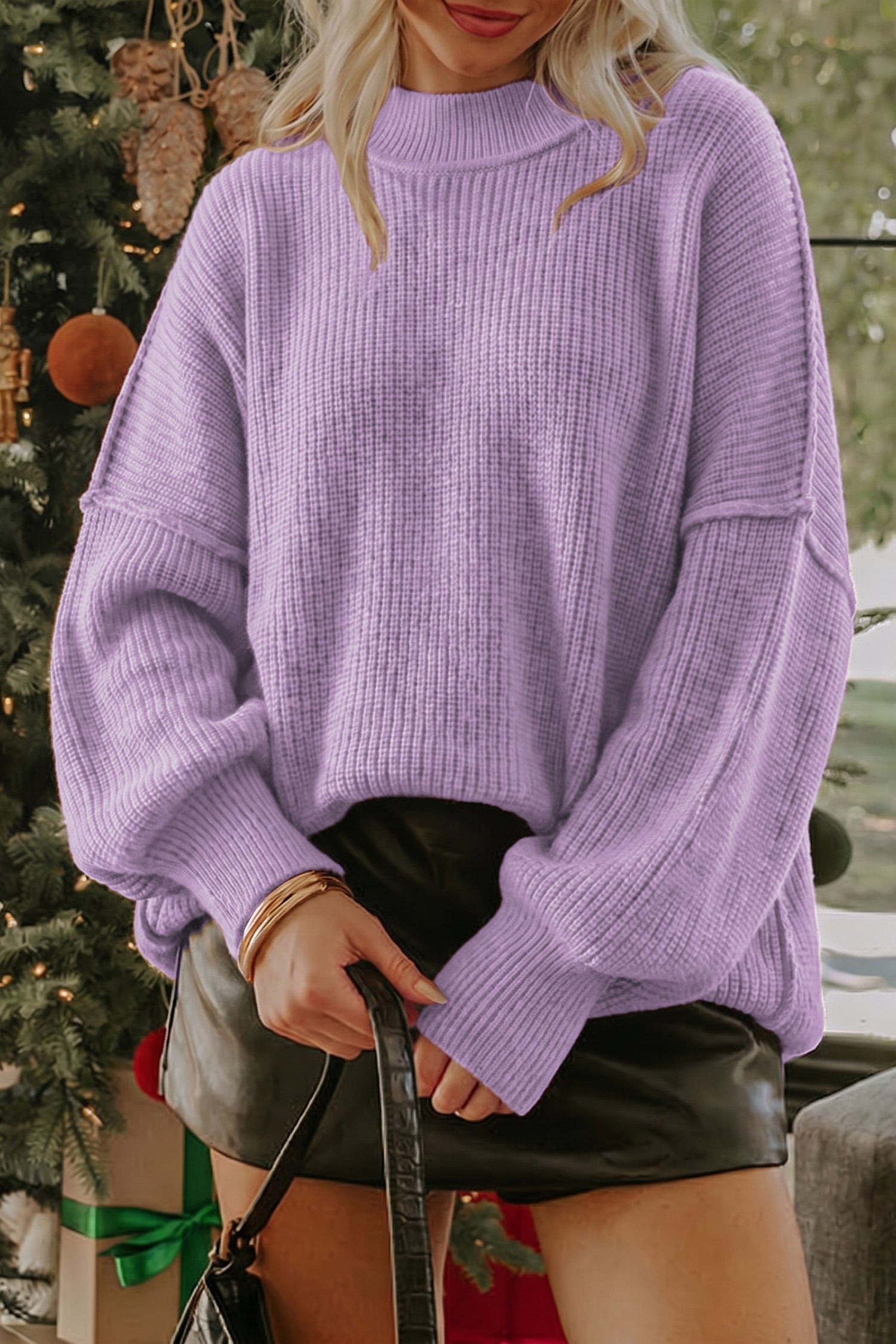 Long Sleeve Ribbed Knit Stand Neck Regular Fit Sweater – Chestnut