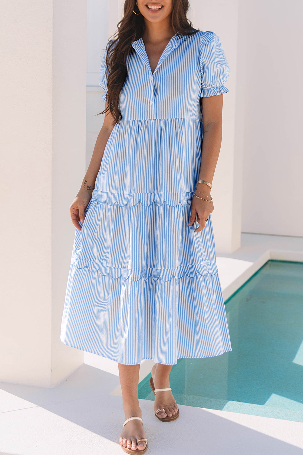 Sky Blue Stripe Bubble Short Sleeve Tiered Scallop Long Dress eAura
