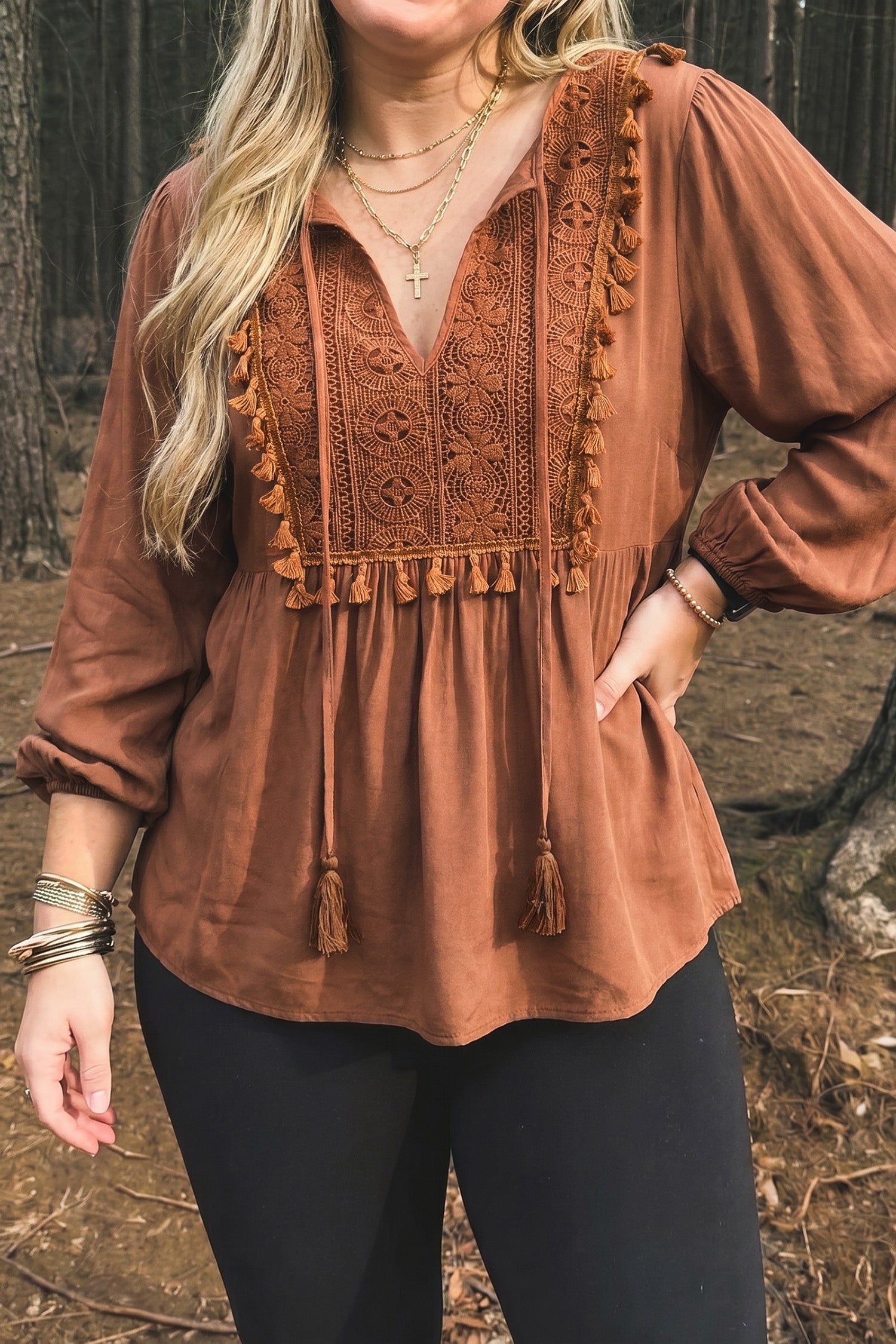 Boho V Neck Embroidered Tassel Long Sleeve Plus Size Blouse – Chestnut