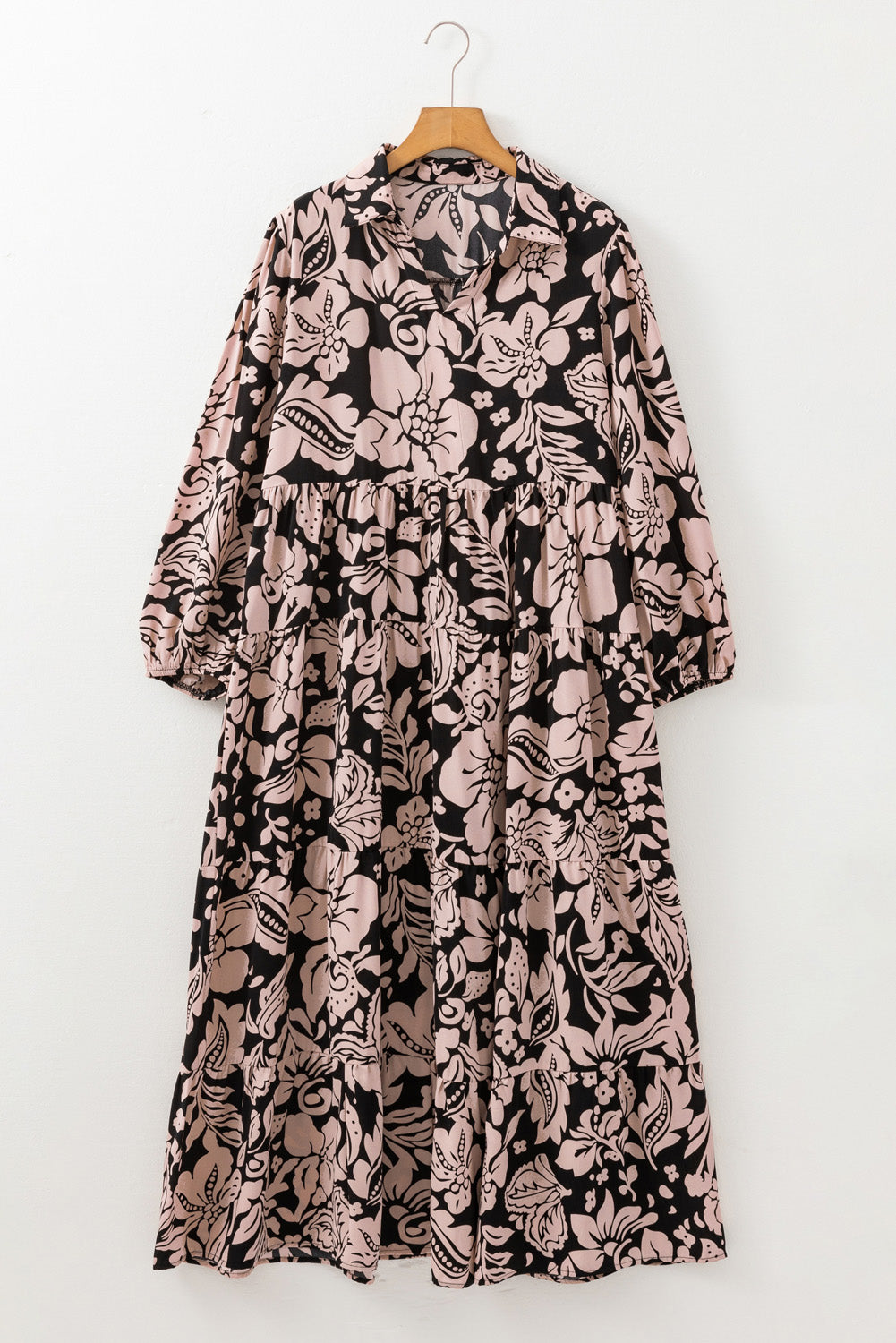 Black Plus Size Floral Printed Puff Sleeve Collared Maxi Dress BB Fashion Outlet