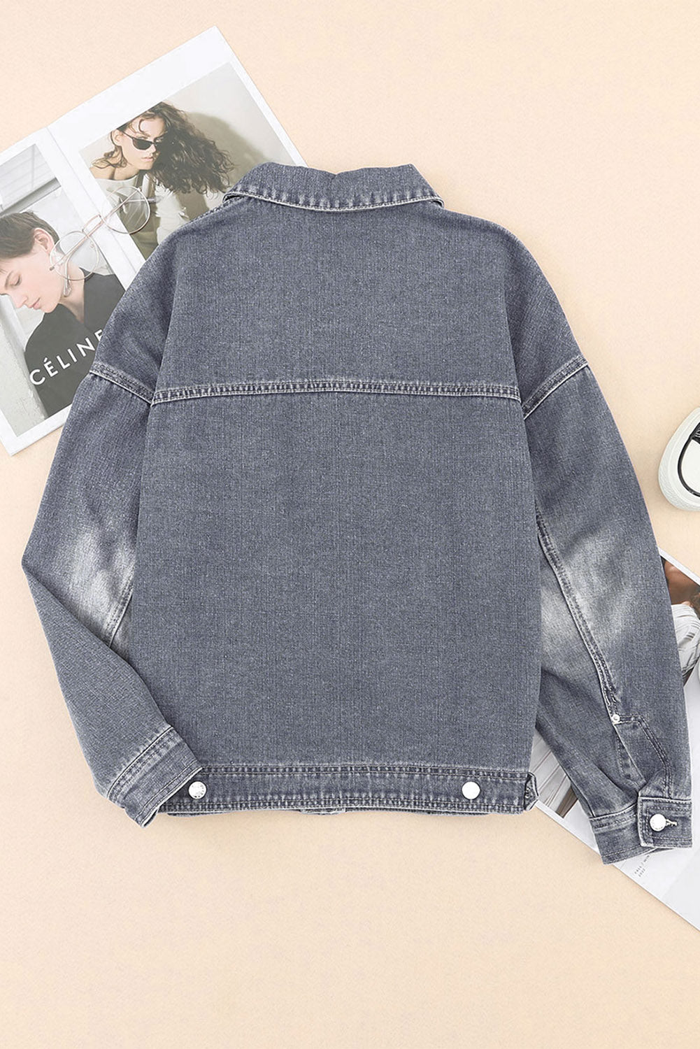 Grey Chest Pockets Drop Shoulder Loose Denim Jacket Beagle Boutique Fashion Outlet