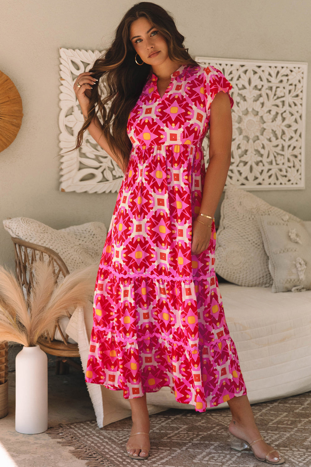Strawberry Pink Geo Print V-neck Maxi Dress eAura