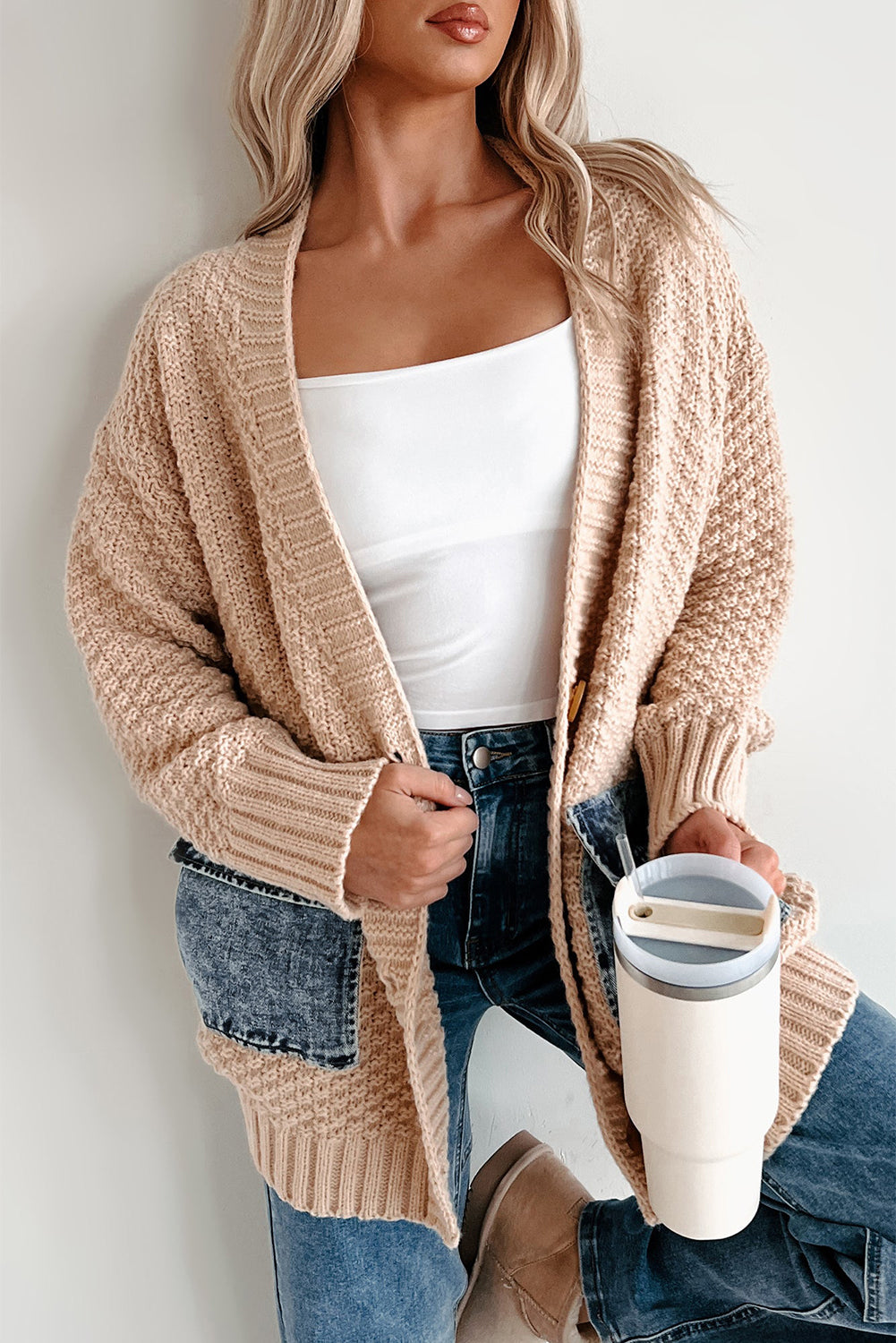 Open Front Knit Cardigan With Denim Pockets - eAura
