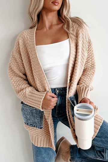 Open Front Knit Cardigan With Denim Pockets - eAura