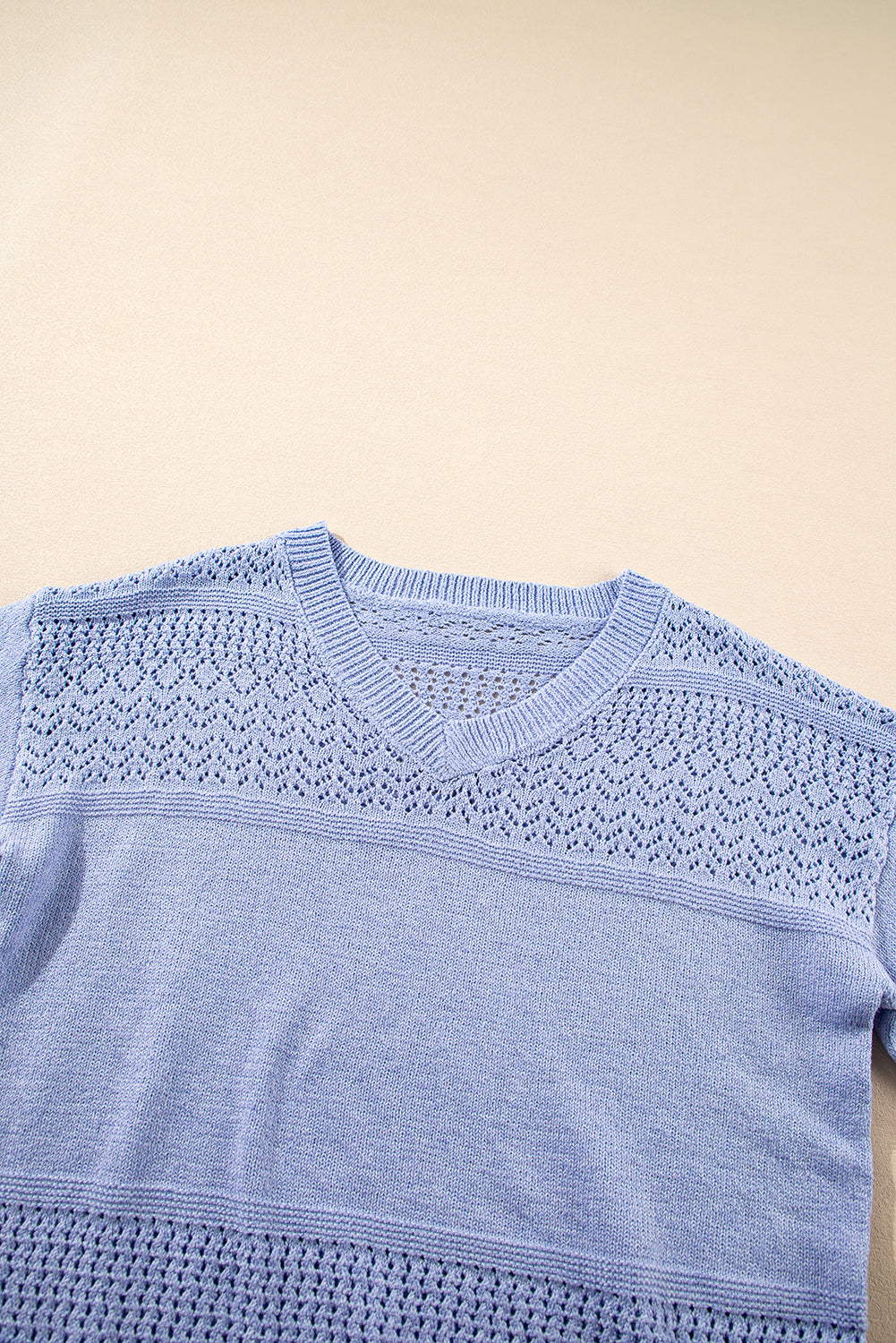 Sky Blue Eyelet Pattern Detail V Neck Drop Shoulder Sweater eAura