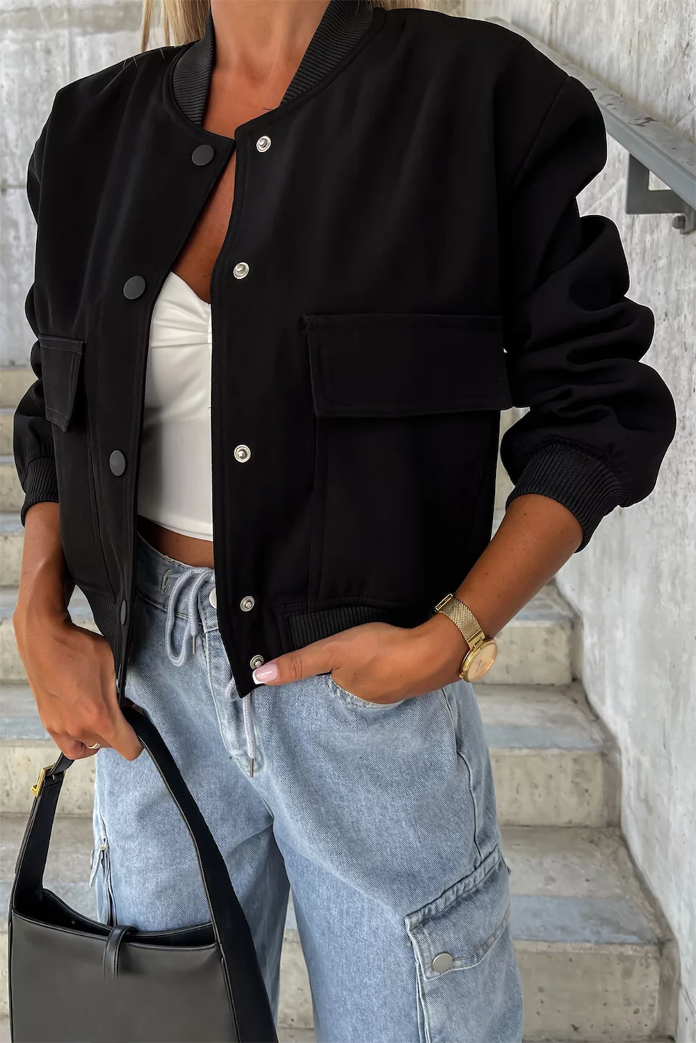 Black Big Pockets Baseball Collar Jacket Beagle Boutique Fashion Outlet