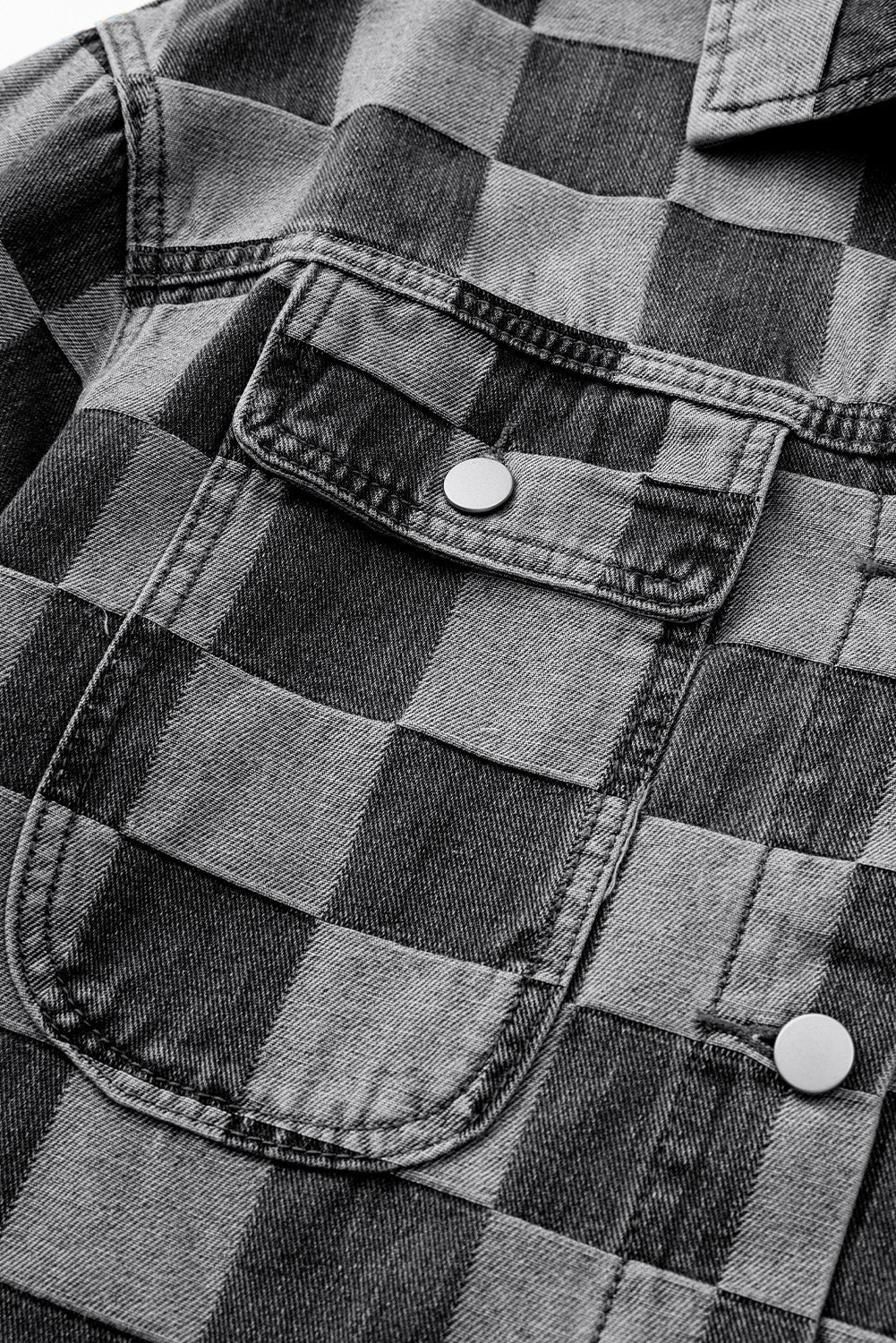 Light Blue Checkered Patchwork Button up Denim Jacket Beagle Boutique Fashion Outlet