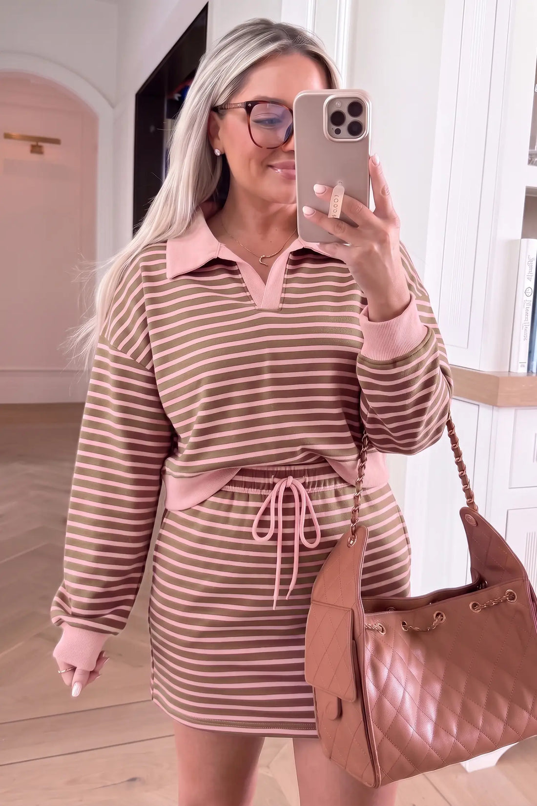 Striped Drawstring Waist Long Sleeve Top Mini Skort Set – Brown Stripe