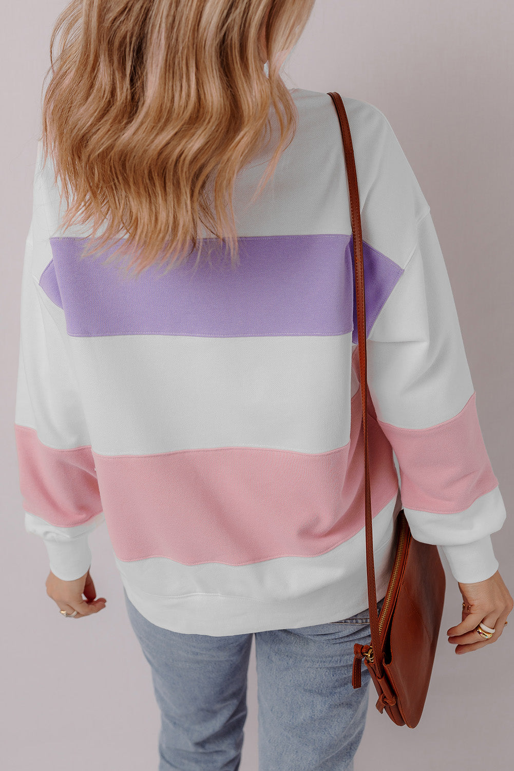 Beige Colourblock Patchwork Drop Shoulder Crewneck Sweatshirt eAura