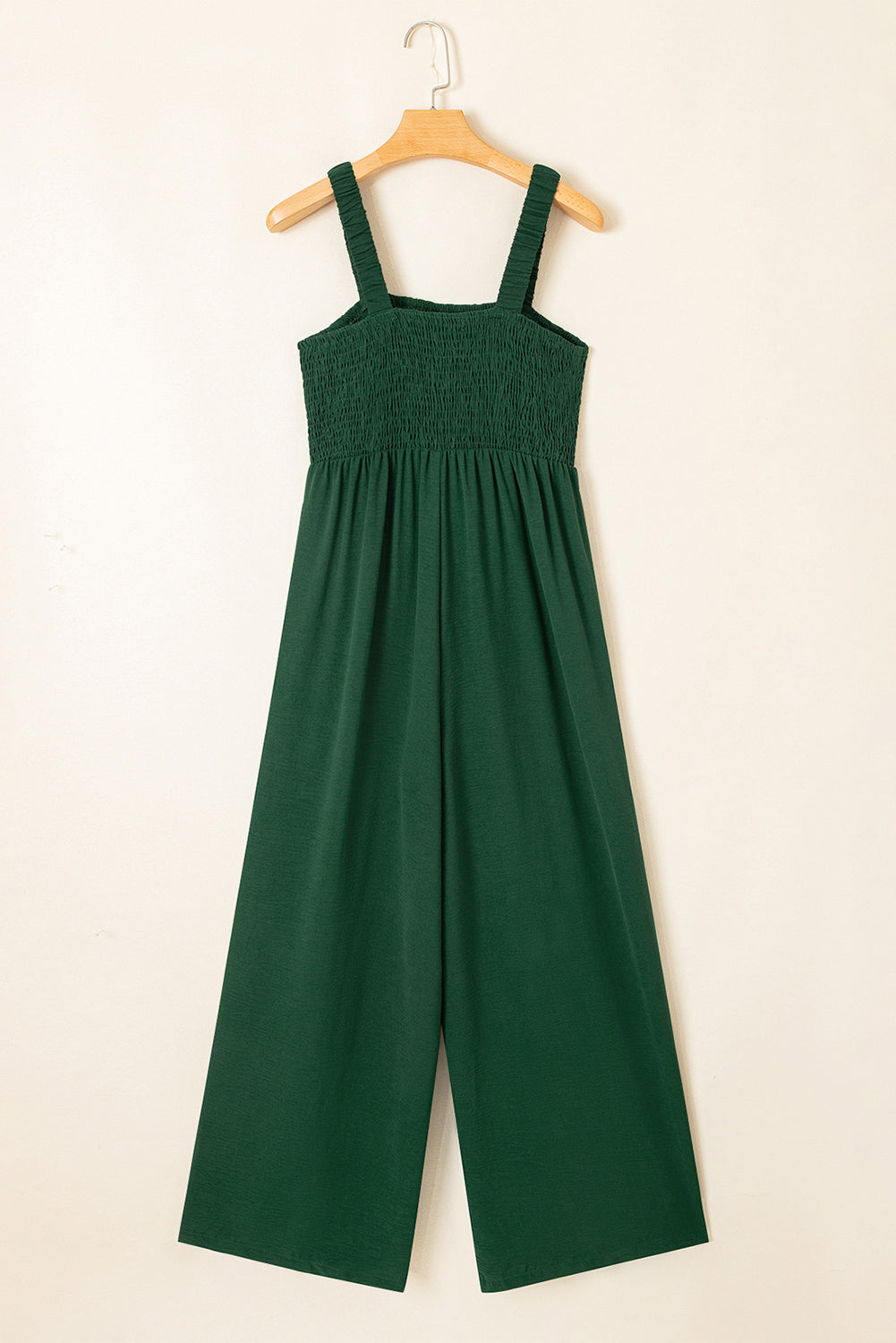Green Smocked Sleeveless Wide Leg Jumpsuit with Pockets eAura