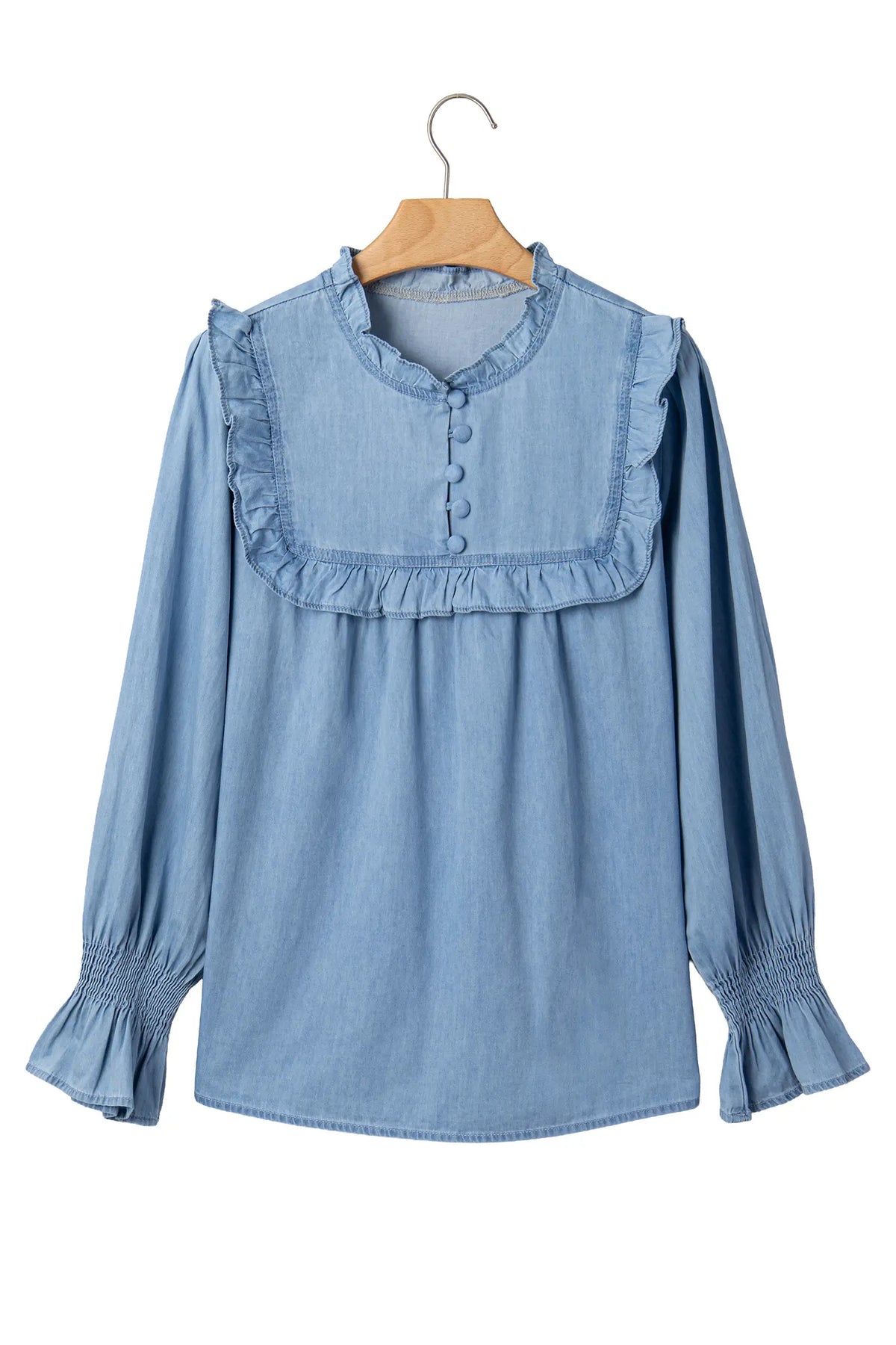 Beau Western Ruffle V Neck Long Sleeve Chambray Blouse – Blue