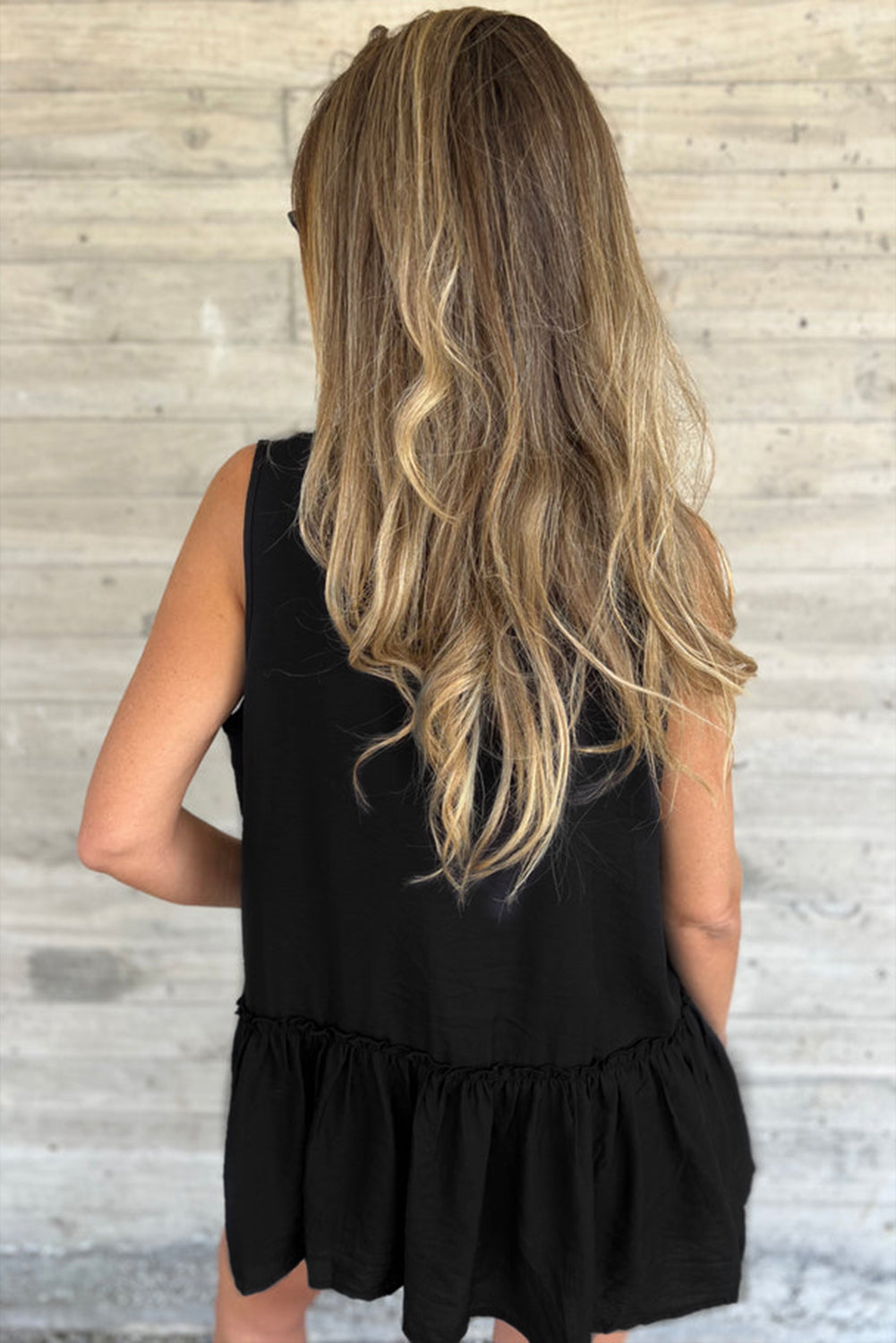 Black Sleeveless Buttoned Front Ruffle Hem Tunic Shirt eAura