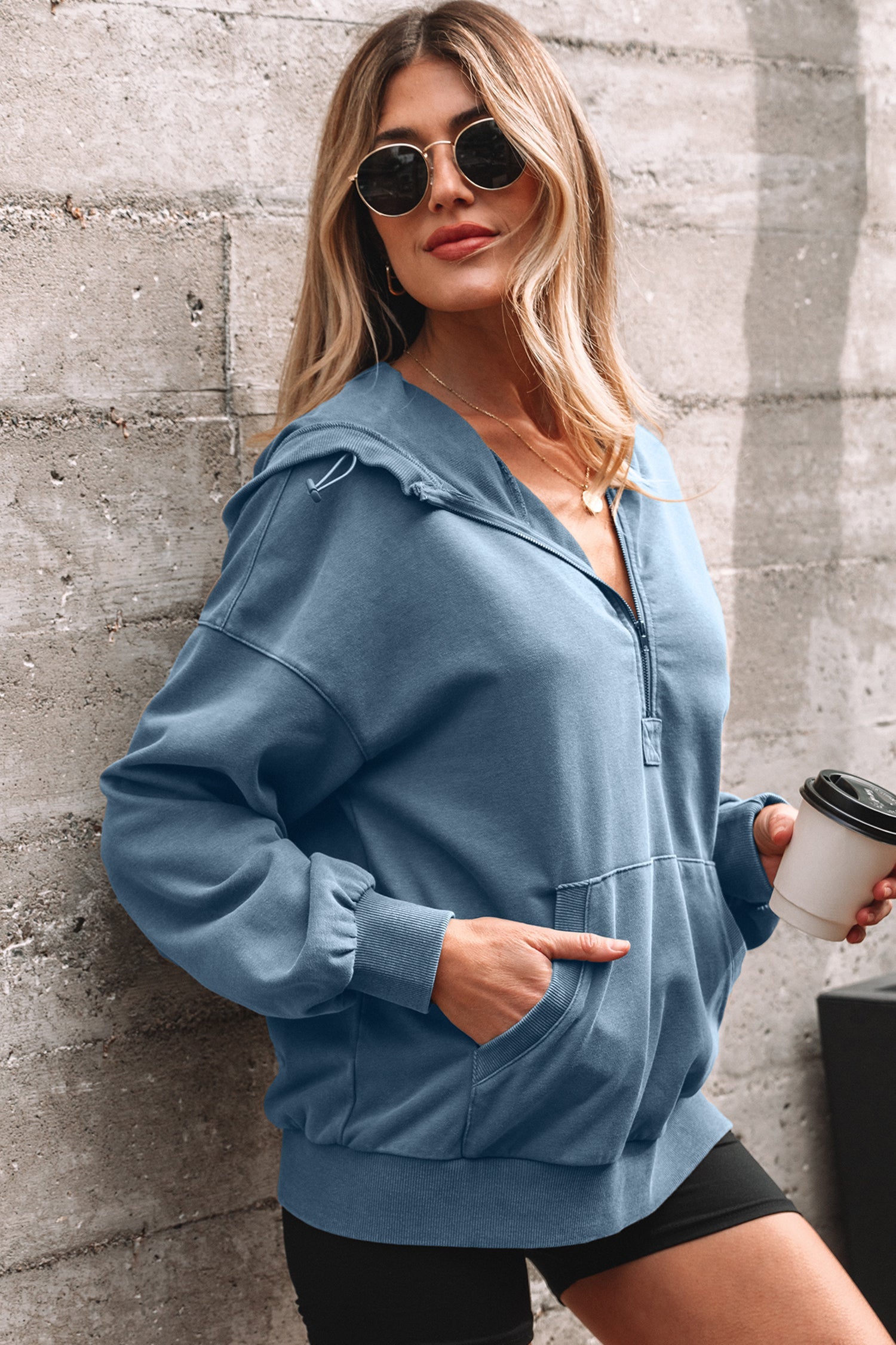 Half Zip Kangaroo Pocket Mineral Wash Baggy Hoodie - Tops/Sweatshirts & Hoodies