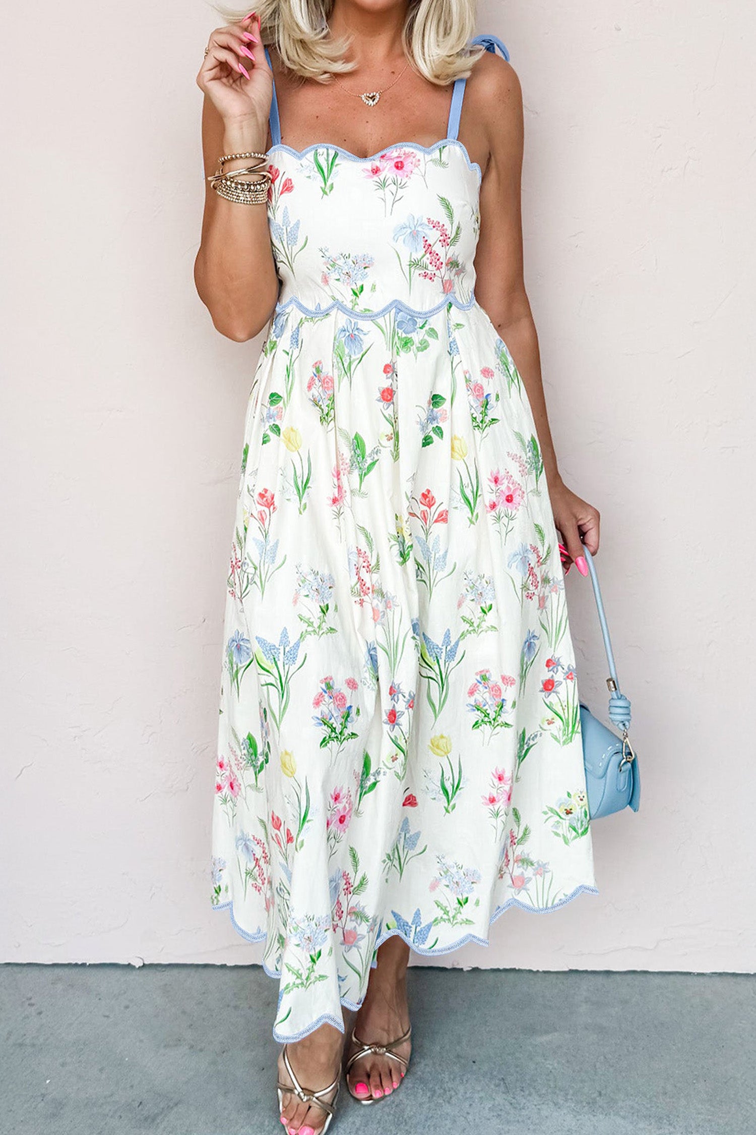 Floral Print Contrast Trim Self-Tie Straps Midi Dress
