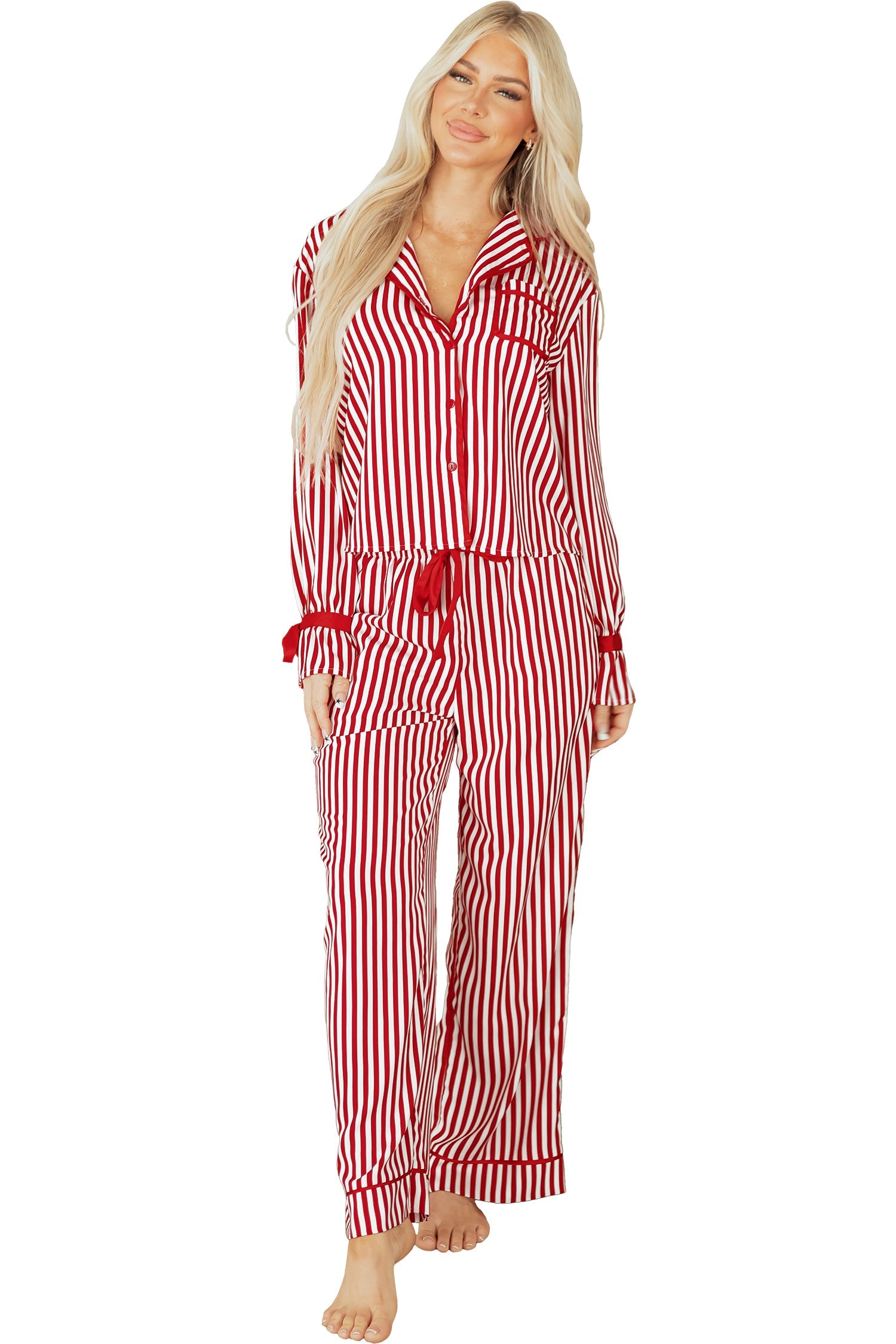 Red Stripe Contrast Velvet Trim Bow Knot Waist Pyjama Set - eAura